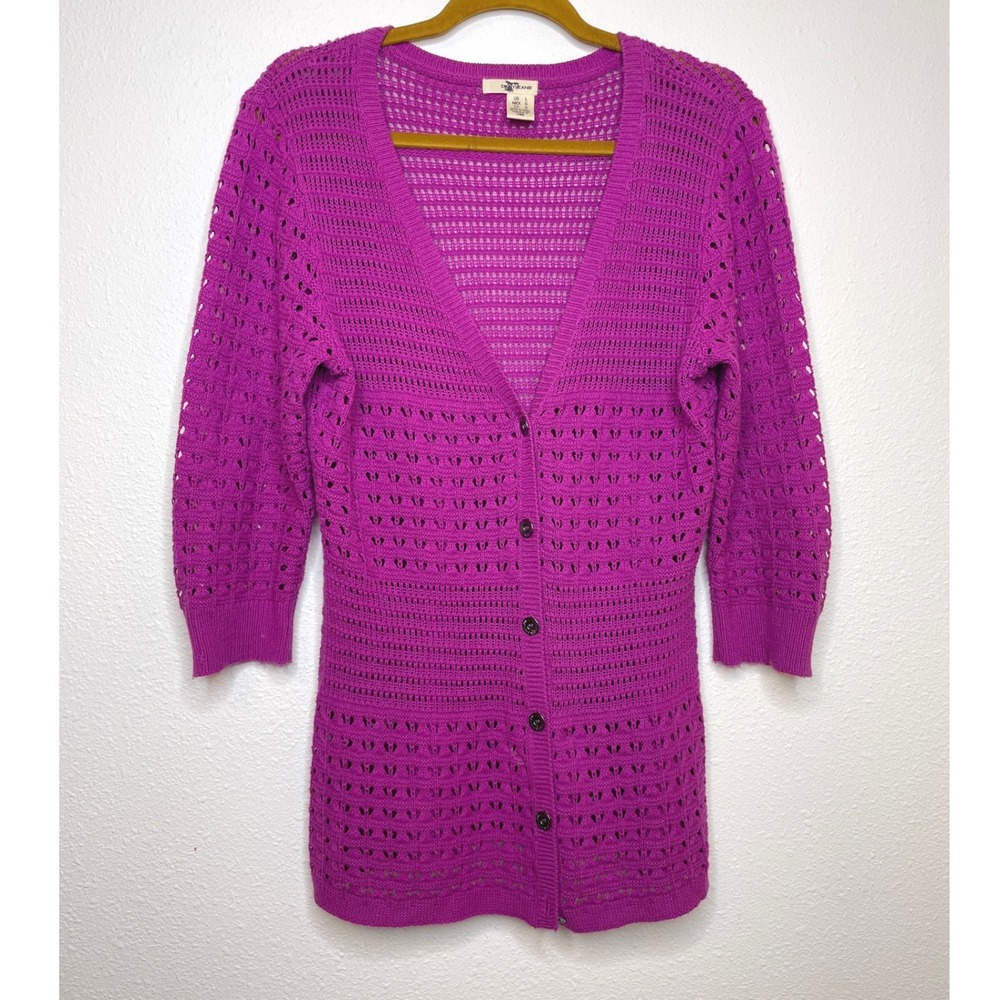 DKNY Womens Cardigan Pointelle Open Knit Button Front Large Magenta Purple